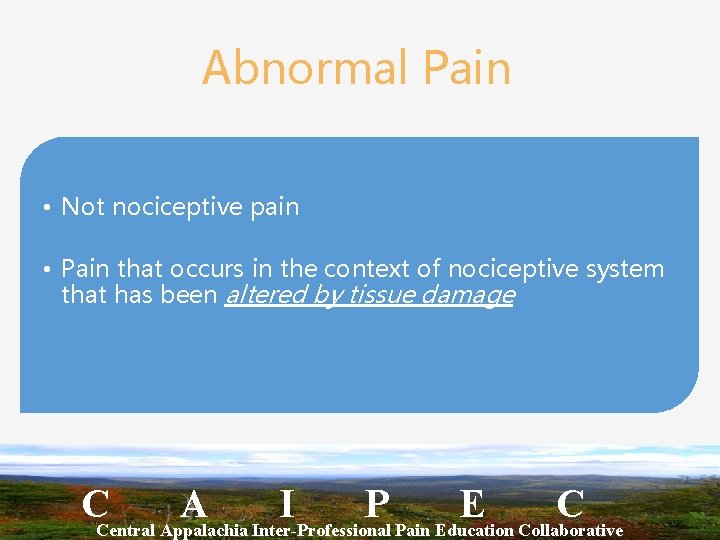 Abnormal Pain • Not nociceptive pain • Pain that occurs in the context of