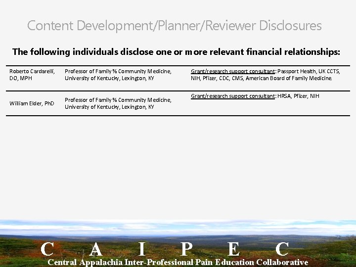 Content Development/Planner/Reviewer Disclosures The following individuals disclose one or more relevant financial relationships: Roberto