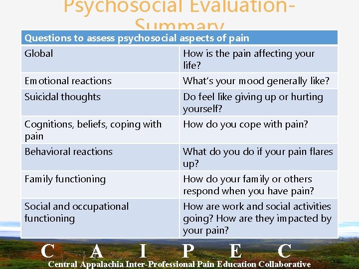 Psychosocial Evaluation. Summary Questions to assess psychosocial aspects of pain Global How is the