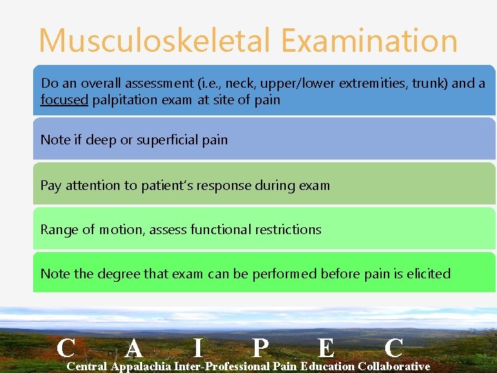 Musculoskeletal Examination Do an overall assessment (i. e. , neck, upper/lower extremities, trunk) and