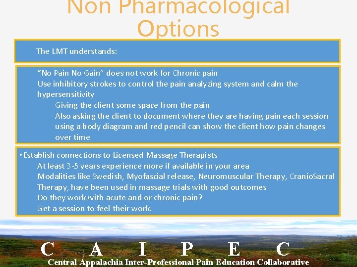 Non Pharmacological Options The LMT understands: “No Pain No Gain” does not work for