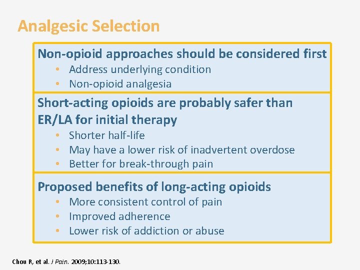 Analgesic Selection Non-opioid approaches should be considered first • Address underlying condition • Non-opioid