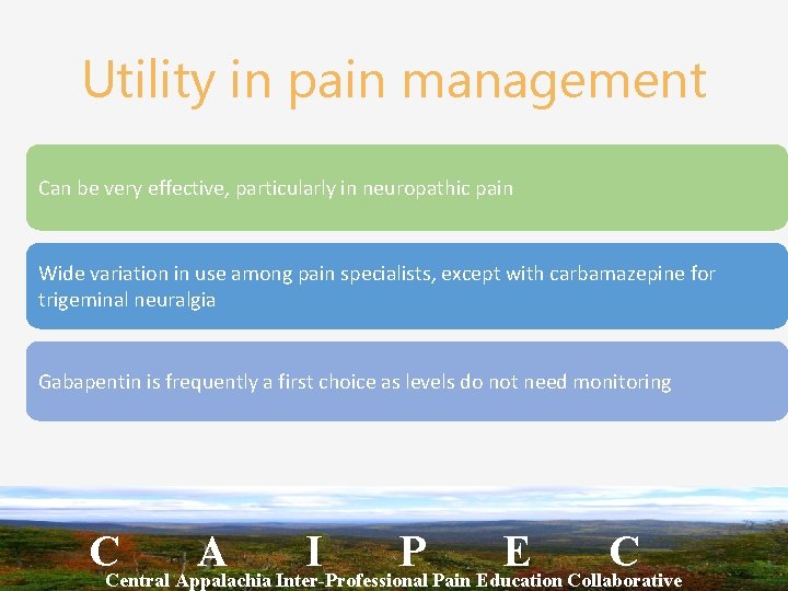 Utility in pain management Can be very effective, particularly in neuropathic pain Wide variation