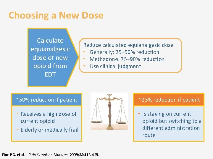 Choosing a New Dose Calculate equianalgesic dose of new opioid from EDT Reduce calculated