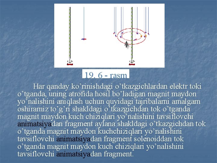 19. 6 - rasm Har qanday ko’rinishdagi o’tkazgichlardan elektr toki o’tganda, uning atrofida hosil