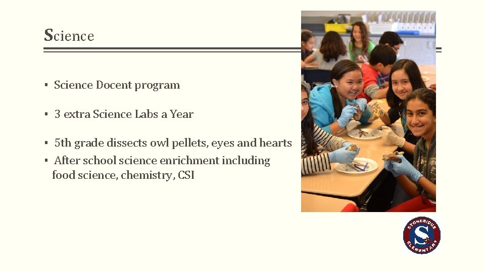 Science ▪ Science Docent program ▪ 3 extra Science Labs a Year ▪ 5