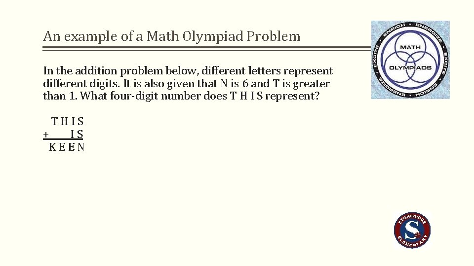 An example of a Math Olympiad Problem In the addition problem below, different letters