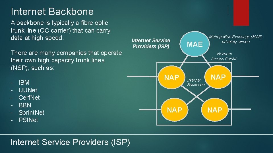 Internet Backbone A backbone is typically a fibre optic trunk line (OC carrier) that