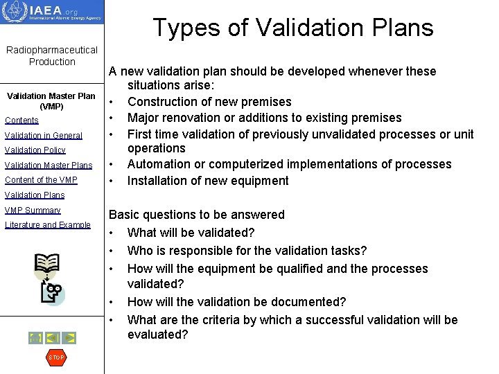 Types of Validation Plans Radiopharmaceutical Production Validation Master Plan (VMP) Contents Validation in General