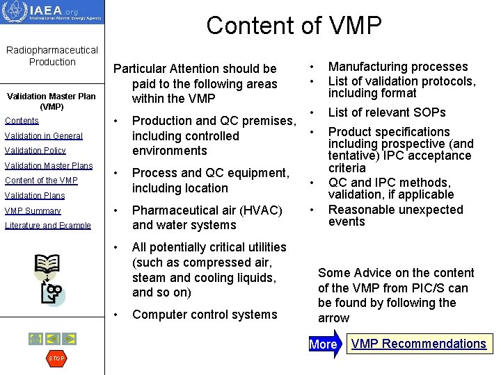 Content of VMP Radiopharmaceutical Production Validation Master Plan (VMP) Contents Particular Attention should be
