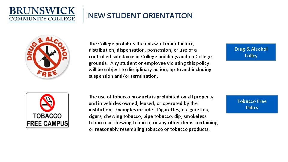 NEW STUDENT ORIENTATION Drug, Alcohol and Tobacco Policy The College prohibits the unlawful manufacture,