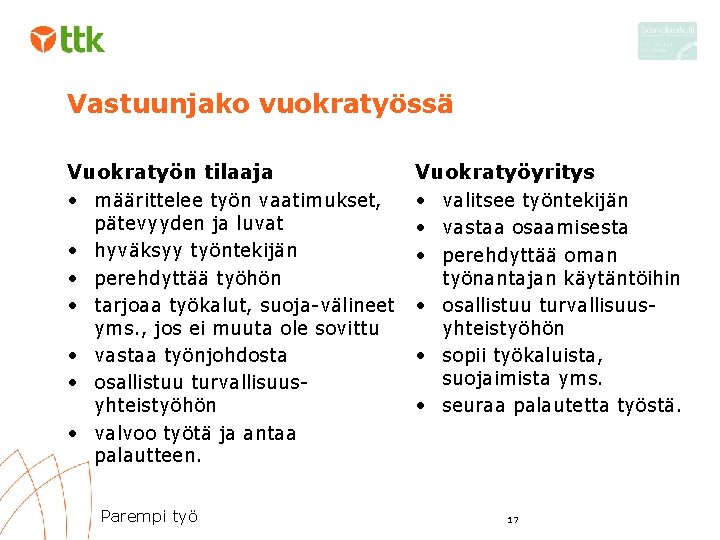 Vastuunjako vuokratyössä Vuokratyön tilaaja • määrittelee työn vaatimukset, • • • pätevyyden ja luvat