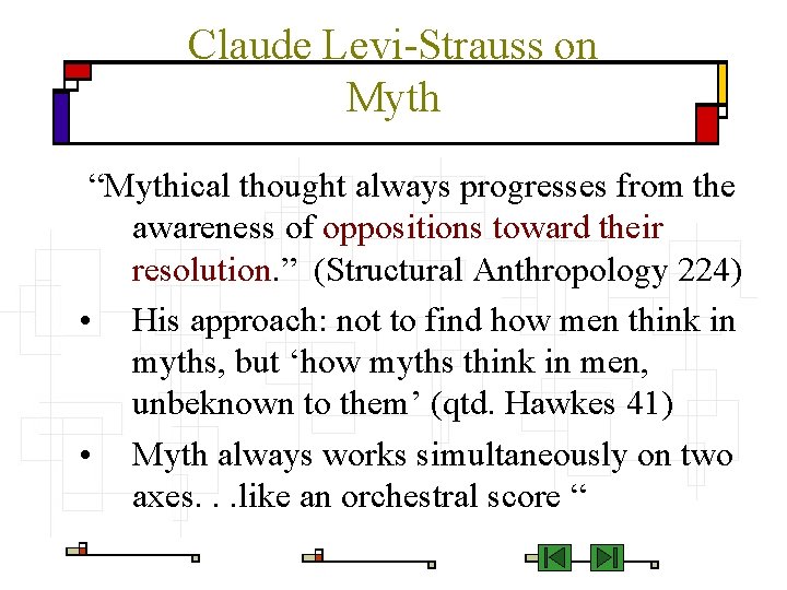 Claude Levi-Strauss on Myth “Mythical thought always progresses from the awareness of oppositions toward