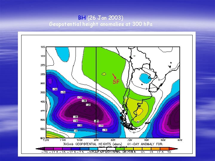 BH (26 Jan 2003) Geopotential height anomalies at 300 h. Pa SF BH (26 Jan 2003) Geopotential height anomalies at 300 h. Pa SF