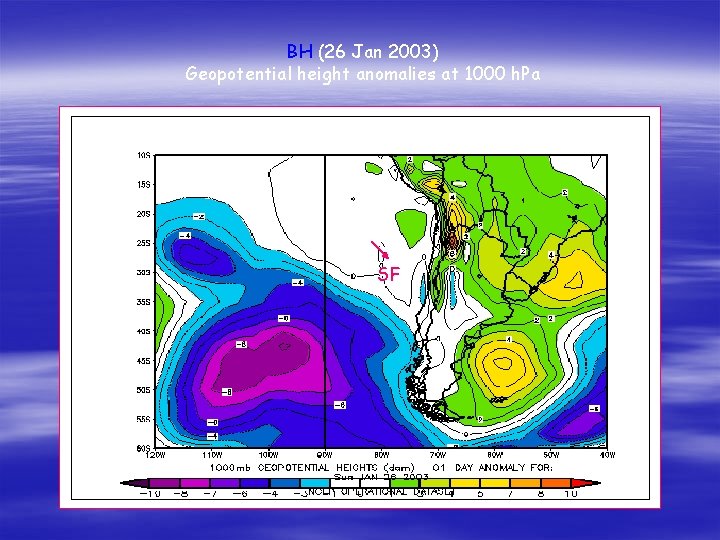 BH (26 Jan 2003) Geopotential height anomalies at 1000 h. Pa SF SF 