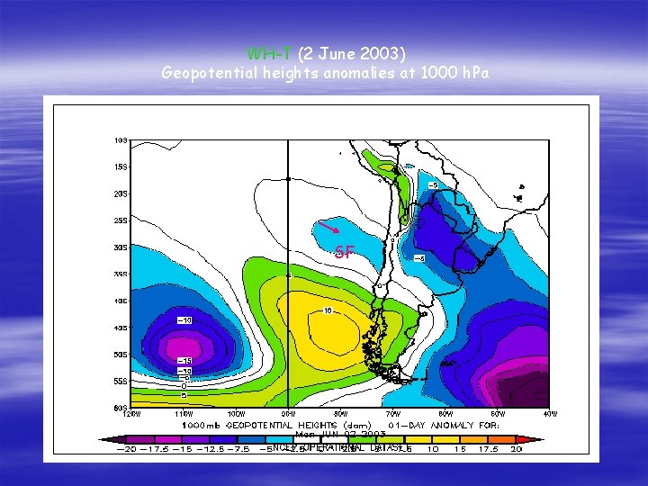 WH-T (2 June 2003) Geopotential heights anomalies at 1000 h. Pa SF 