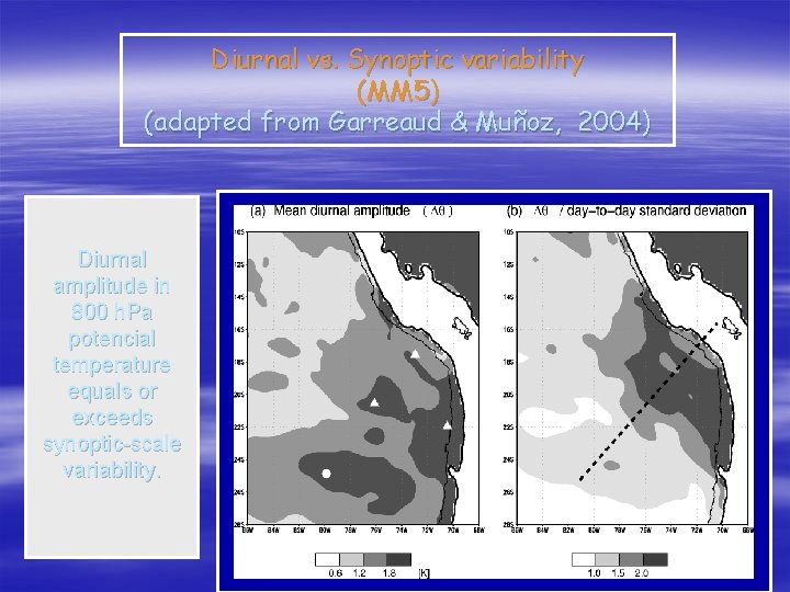 Diurnal vs. Synoptic variability (MM 5) (adapted from Garreaud & Muñoz, 2004) Diurnal amplitude