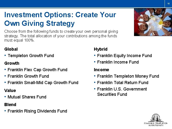 15 Investment Options: Create Your Own Giving Strategy Choose from the following funds to