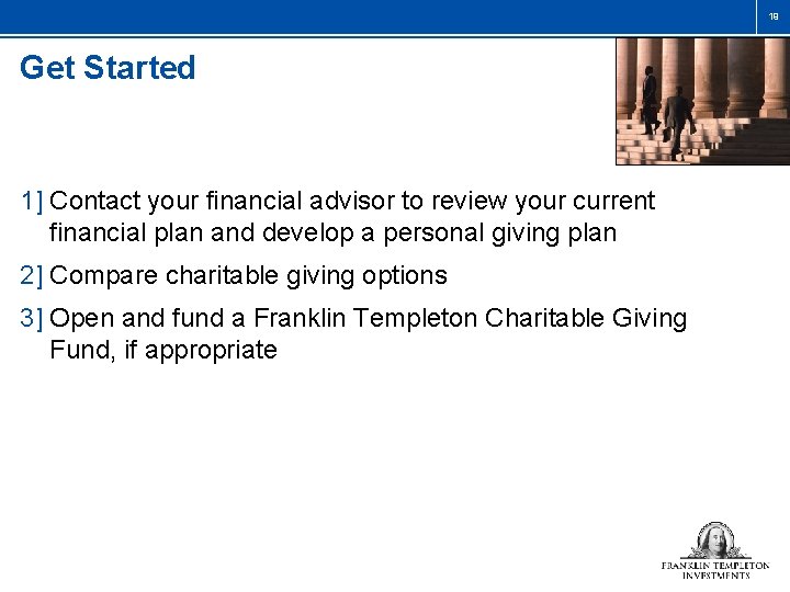 19 Get Started 1] Contact your financial advisor to review your current financial plan