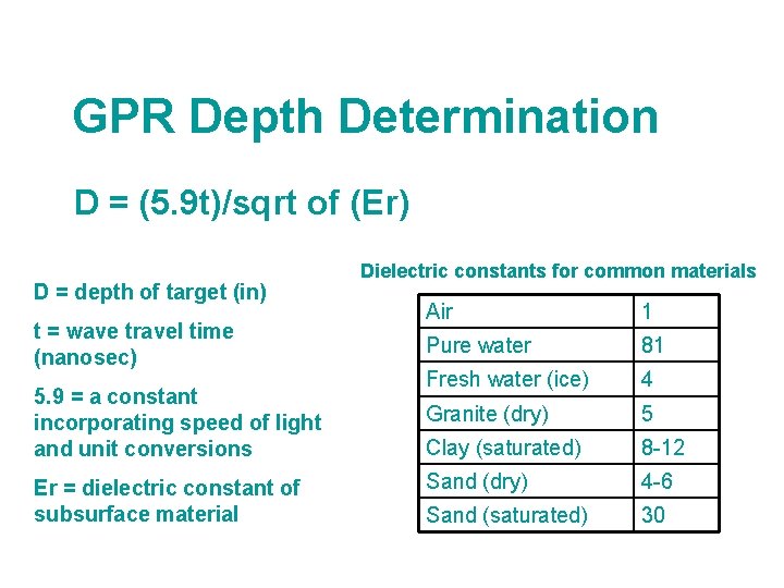 GPR Depth Determination D = (5. 9 t)/sqrt of (Er) D = depth of