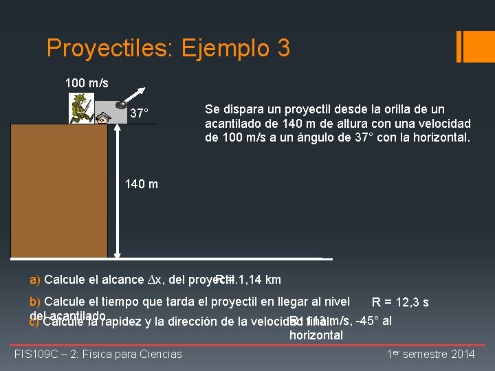 Proyectiles: Ejemplo 3 100 m/s 37° Se dispara un proyectil desde la orilla de