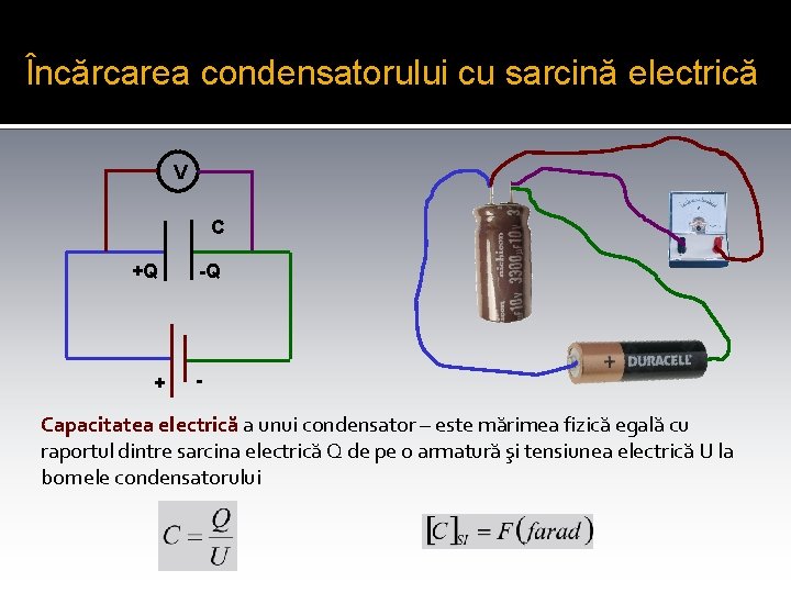 Încărcarea condensatorului cu sarcină electrică V C +Q + -Q - Capacitatea electrică a