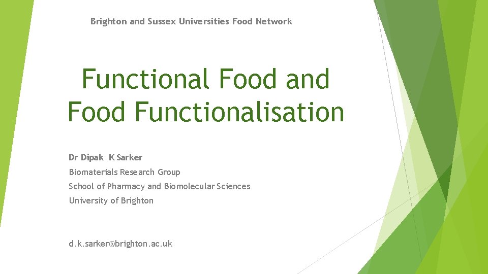 Brighton and Sussex Universities Food Network Functional Food and Food Functionalisation Dr Dipak K