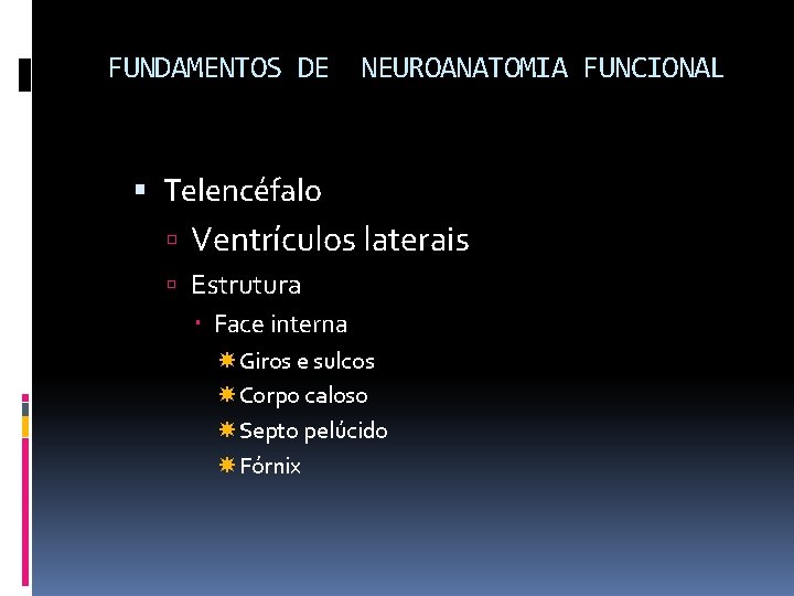 FUNDAMENTOS DE NEUROANATOMIA FUNCIONAL Telencéfalo Ventrículos laterais Estrutura Face interna Giros e sulcos Corpo