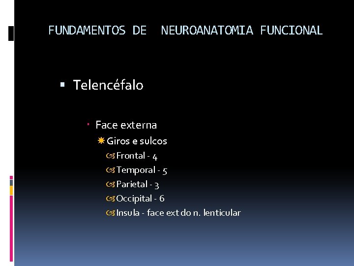 FUNDAMENTOS DE NEUROANATOMIA FUNCIONAL Telencéfalo Face externa Giros e sulcos Frontal - 4 Temporal