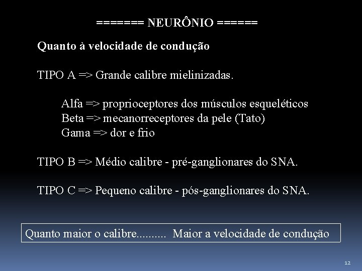 ======= NEURÔNIO ====== Quanto à velocidade de condução TIPO A => Grande calibre mielinizadas.