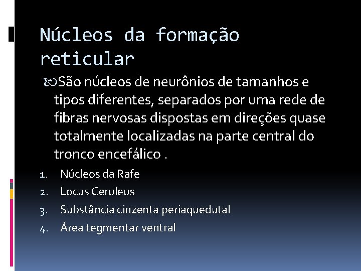 Núcleos da formação reticular São núcleos de neurônios de tamanhos e tipos diferentes, separados