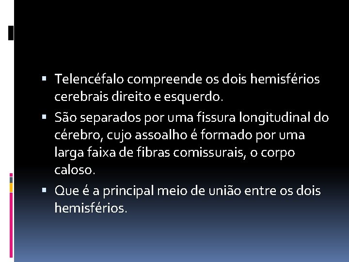  Telencéfalo compreende os dois hemisférios cerebrais direito e esquerdo. São separados por uma