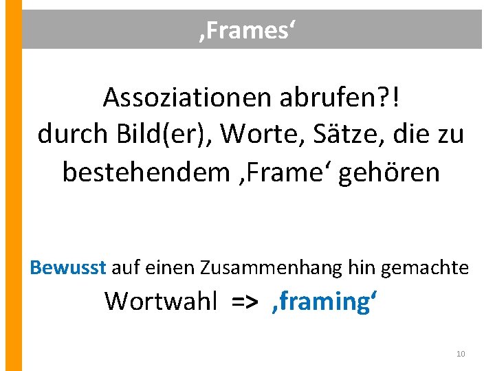 ‚Frames‘ Assoziationen abrufen? ! durch Bild(er), Worte, Sätze, die zu bestehendem ‚Frame‘ gehören Bewusst