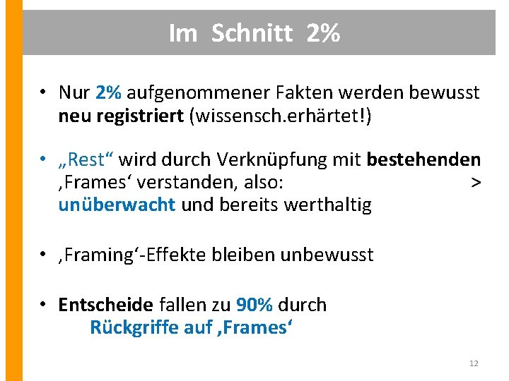 Im Schnitt 2% • Nur 2% aufgenommener Fakten werden bewusst neu registriert (wissensch. erhärtet!)