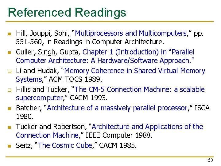 Referenced Readings n n q q n n n Hill, Jouppi, Sohi, “Multiprocessors and