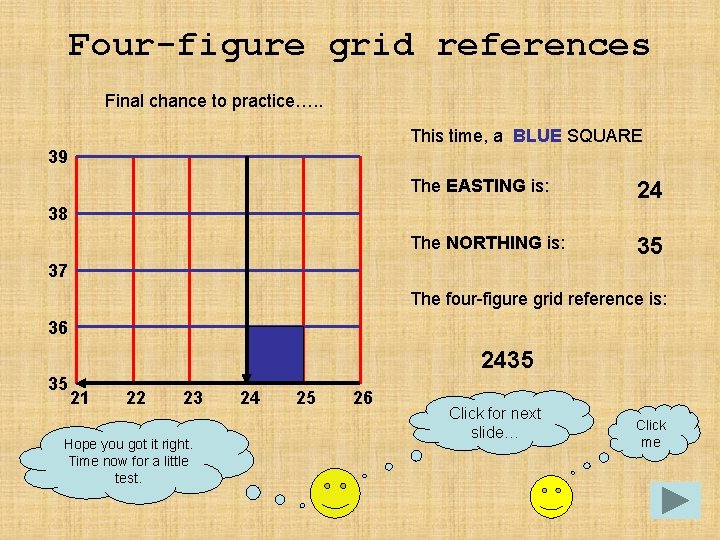 Four-figure grid references Final chance to practice…. . This time, a BLUE SQUARE 39