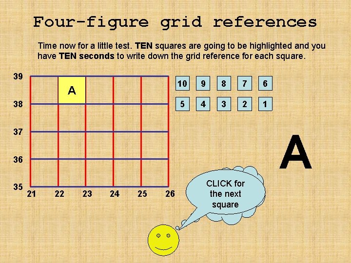 Four-figure grid references Time now for a little test. TEN squares are going to