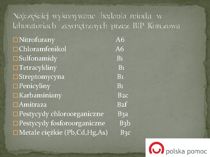 Najczęściej wykonywane badania miodu w laboratoriach zewnętrznych przez BIP Korczowa � Nitrofurany A 6