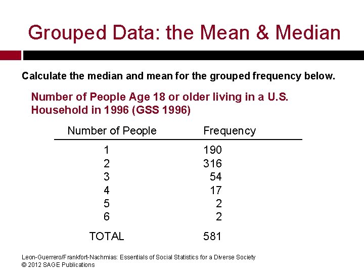 Grouped Data: the Mean & Median Calculate the median and mean for the grouped