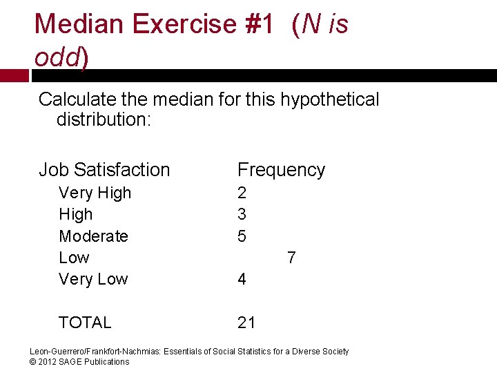 Median Exercise #1 (N is odd) Calculate the median for this hypothetical distribution: Job