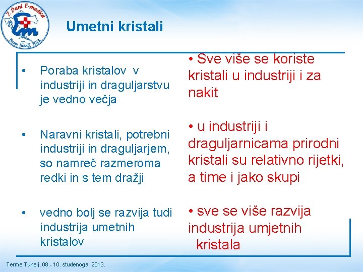 Umetni kristali • Poraba kristalov v industriji in draguljarstvu je vedno večja • Sve