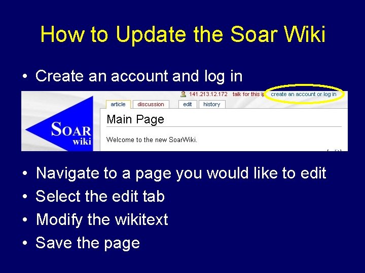 How to Update the Soar Wiki • Create an account and log in •