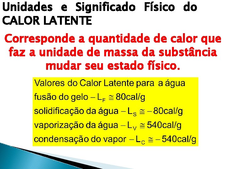 Unidades e Significado Físico do CALOR LATENTE Corresponde a quantidade de calor que faz