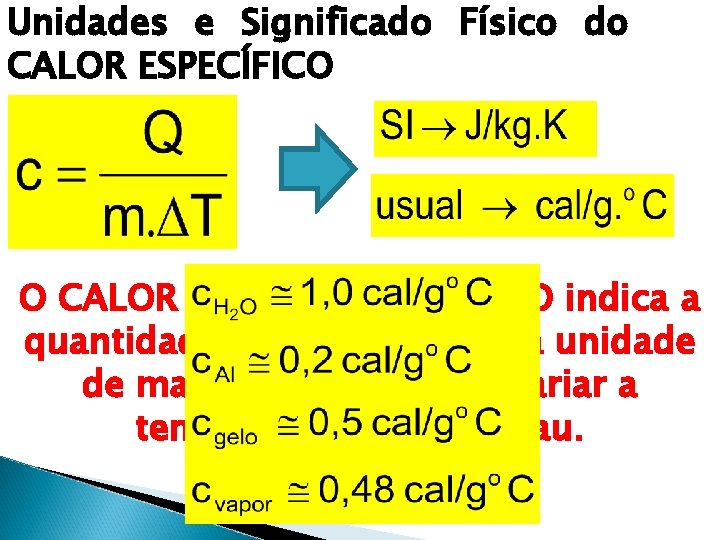 Unidades e Significado Físico do CALOR ESPECÍFICO O CALOR SENSÍVEL ESPECÍFICO indica a quantidade