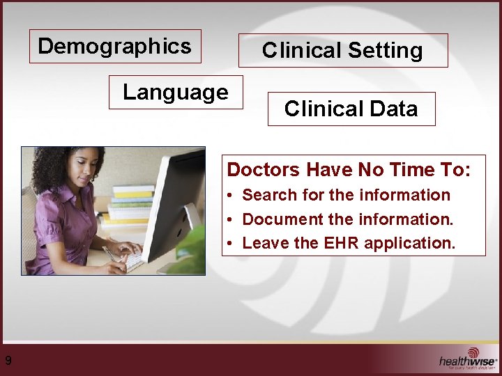 Demographics Clinical Setting Language Clinical Data Doctors Have No Time To: • Search for
