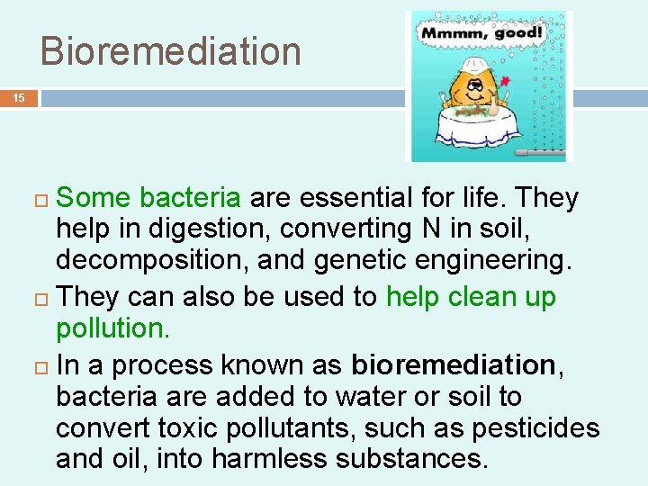 Bioremediation 15 Some bacteria are essential for life. They help in digestion, converting N Bioremediation 15 Some bacteria are essential for life. They help in digestion, converting N