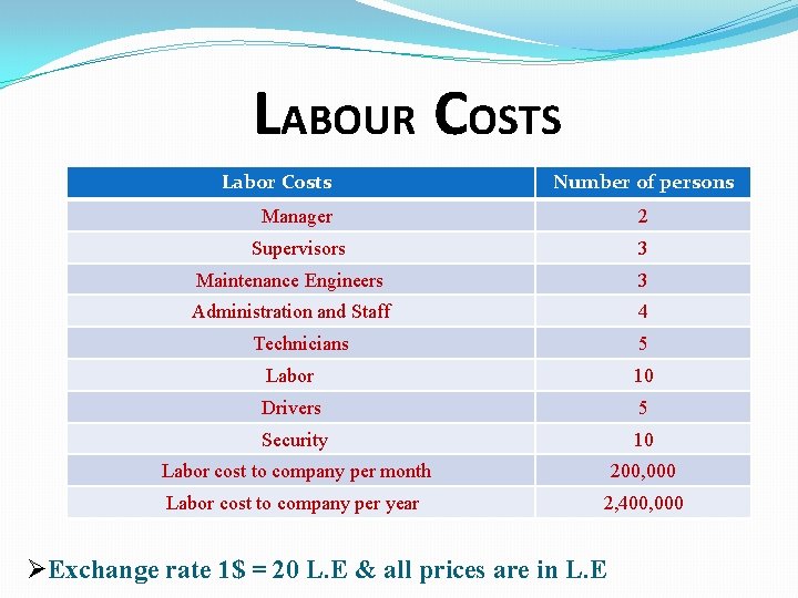 LABOUR COSTS Labor Costs Number of persons Manager 2 Supervisors 3 Maintenance Engineers 3