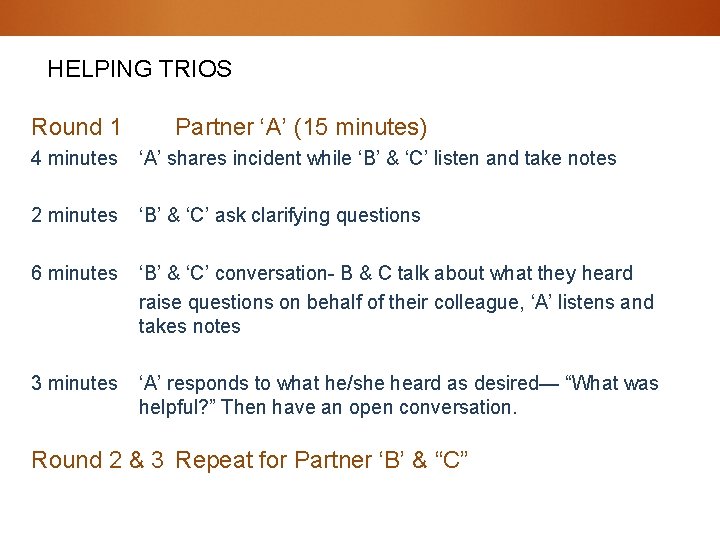 HELPING TRIOS Round 1 Partner ‘A’ (15 minutes) 4 minutes ‘A’ shares incident while