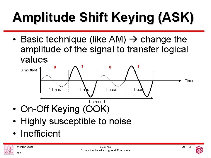 Amplitude Shift Keying (ASK) • Basic technique (like AM) change the amplitude of the