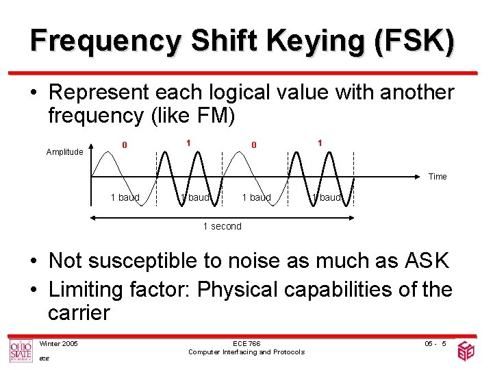 Frequency Shift Keying (FSK) • Represent each logical value with another frequency (like FM)